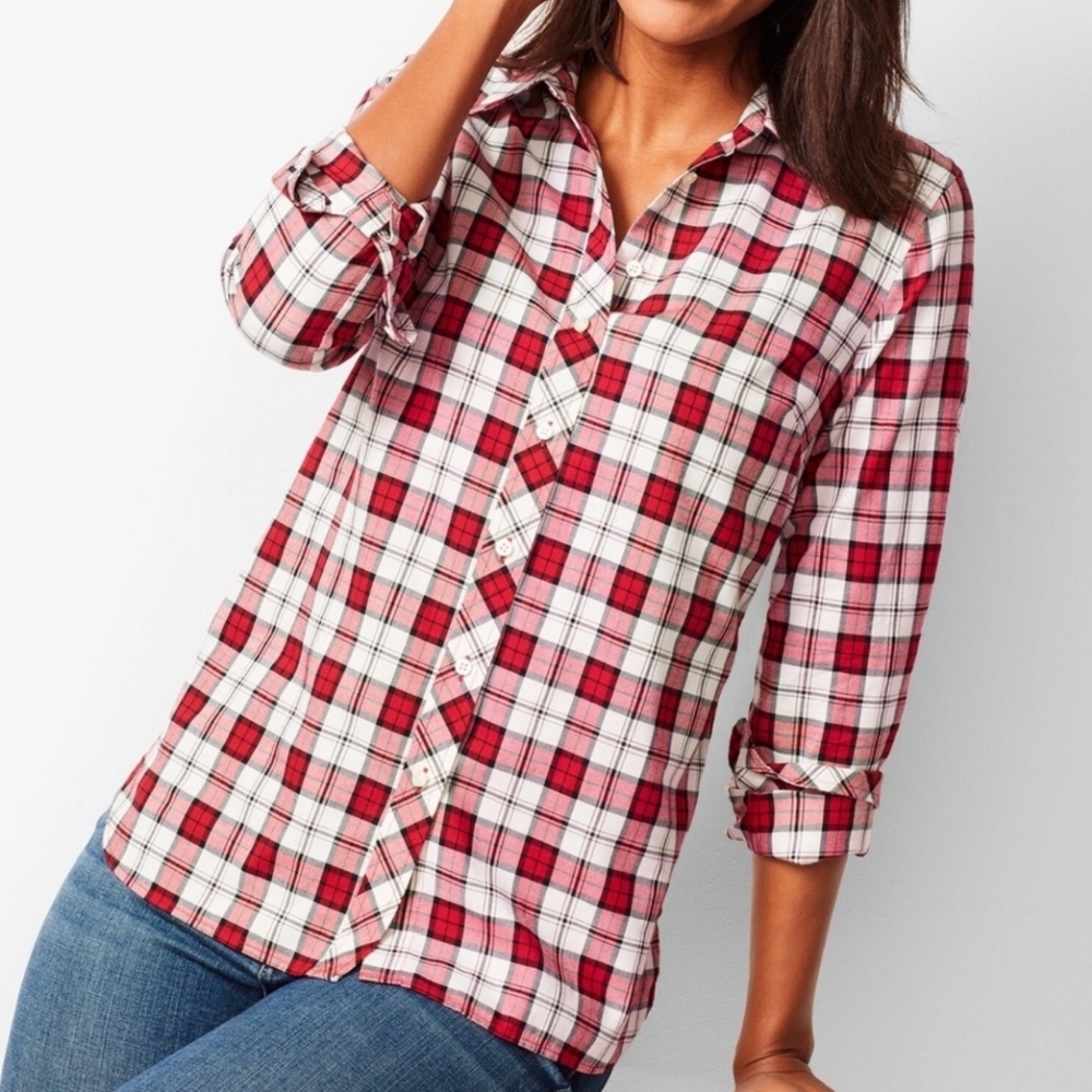 Talbots Shimmer Red Plaid Shirt Holiday Button Down Metallic Boyfriend Top